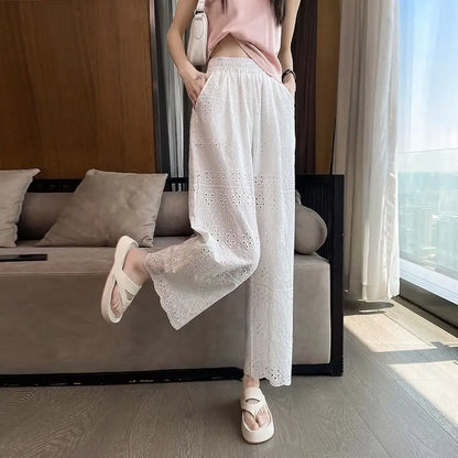 Women's Summer New Solid Color Hollow High Waist Elastic Long Fashion Versatile  Commuter Slimming Straight Leg Wide Leg Pants