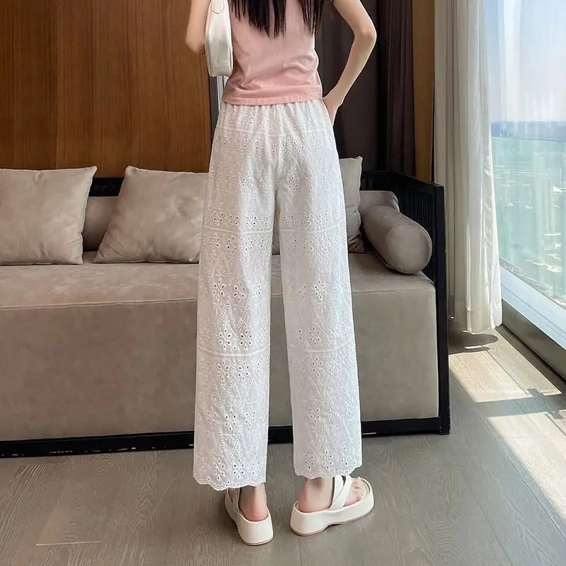 Women's Summer New Solid Color Hollow High Waist Elastic Long Fashion Versatile  Commuter Slimming Straight Leg Wide Leg Pants