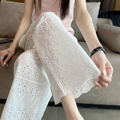 Women's Summer New Solid Color Hollow High Waist Elastic Long Fashion Versatile  Commuter Slimming Straight Leg Wide Leg Pants